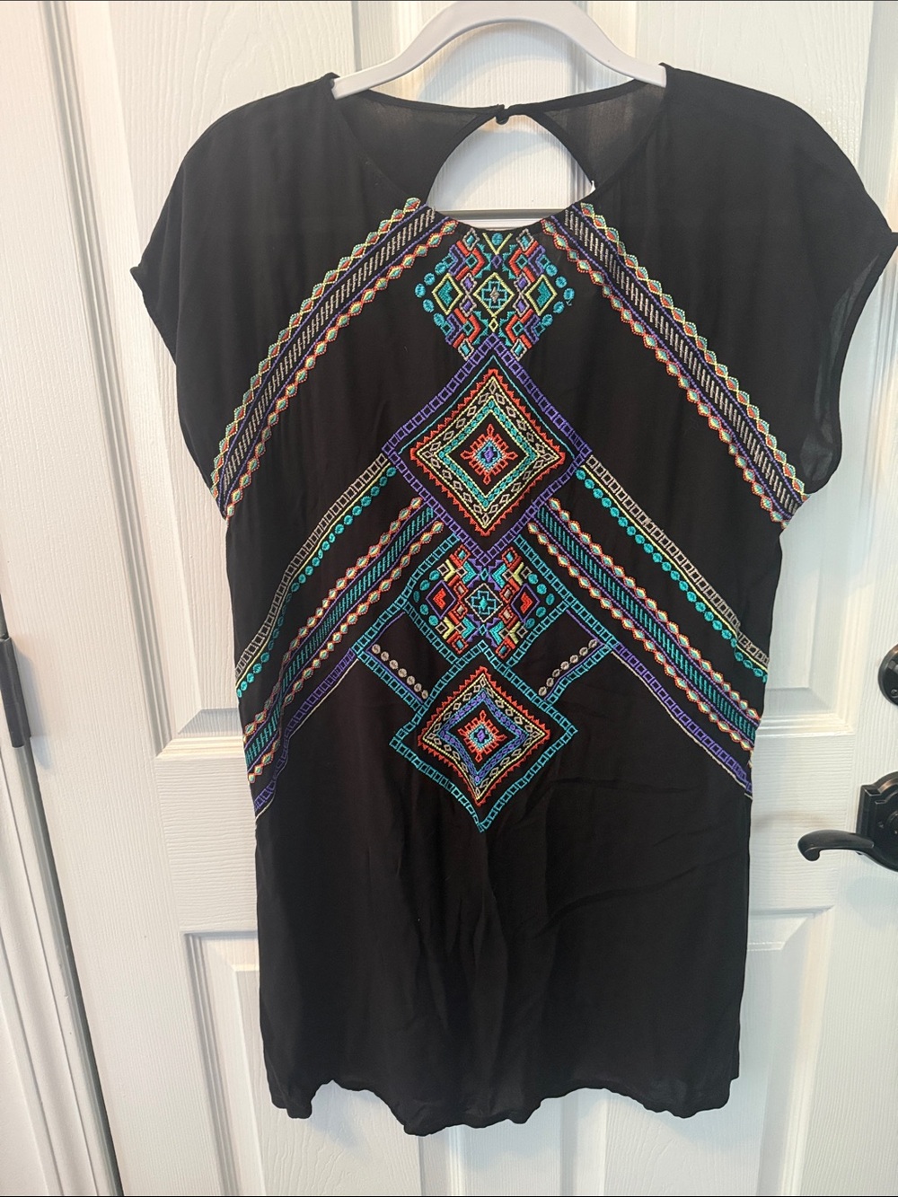 Nanette Lepore Black Mini Dress with Multicolor Embroidery.